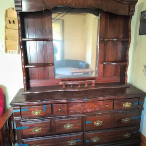 Vintage Solid Wood Dresser & Chest Base With Attached Mirror Hutch