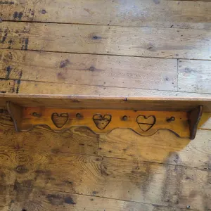 Vintage Wooden Wall Shelf With Heart-Shaped Cutouts & Pegs