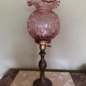 Fenton Pink Rose Glass Globe Shade Table Lamp with Ornate Metal Base