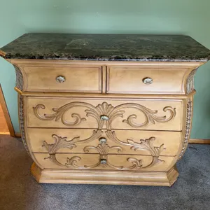 American Signature Carved 5-Drawer Bombe Chest with Stone-Look Top