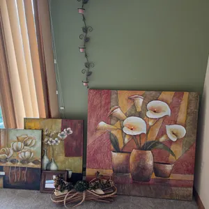 Textured Floral Canvas Art, Wall Candle Vine, Mirror and Dried Floral Decor