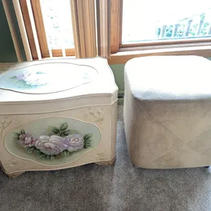 Floral Painted Storage Chest with Upholstered Cube Ottoman