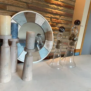 Round Plank-Frame Mirror, 3 Pillar Candle Holders and 2 Glass Sphere Pedestals