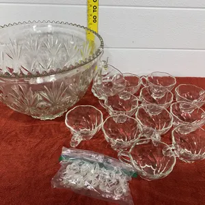 Vintage Hazelware Lexington Clear Pressed Glass Punch Bowl Set