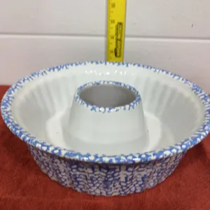 Collectible Blue Spongeware Ceramic Ring Mold / Bundt Cake Pan.