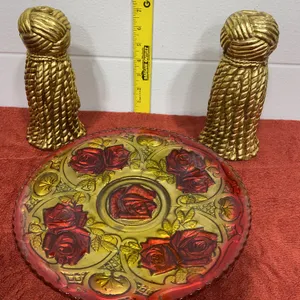 Decorative Set Featuring a Painted Floral Tole Metal Tray and Heavy Gold Tassel Candle holders