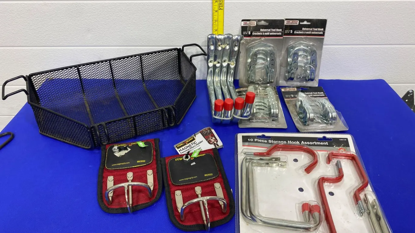 Storage Hooks, Tool Holders, and Metal Basket Lot in Unused Condition