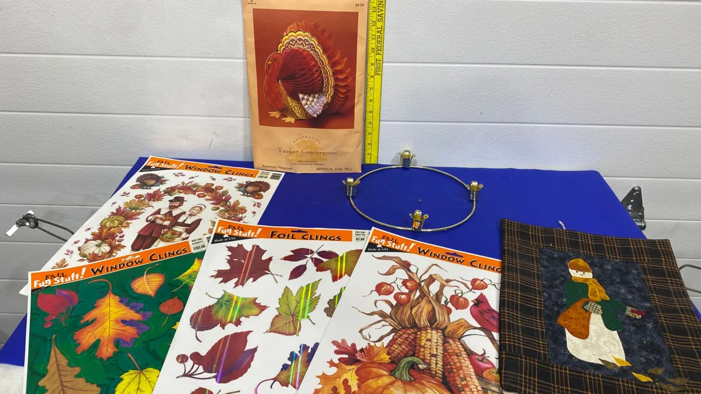 Fall Decor Items, Including Clings, Quilt, and Decorative Pieces