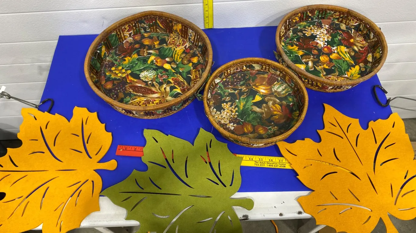 3 Woven Rattan Trays With Harvest-Themed Prints and Leaf Decor