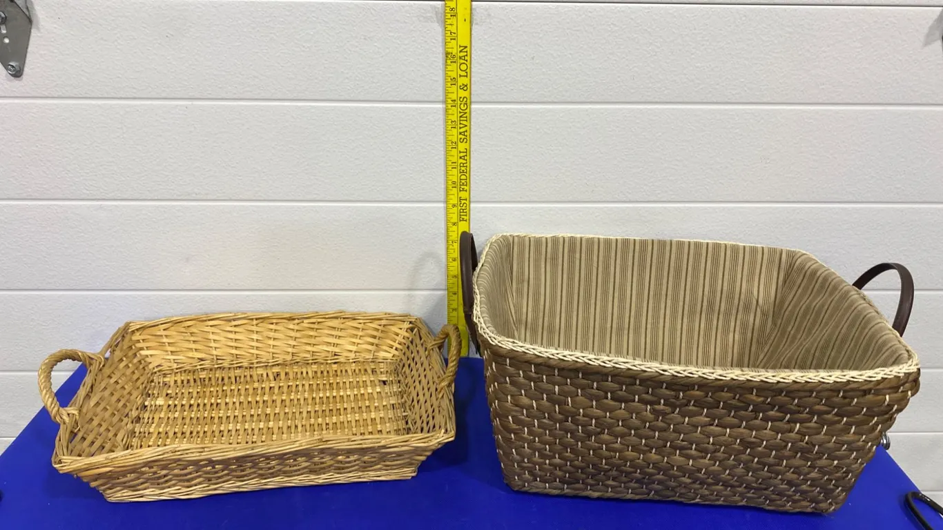 Two Woven Baskets with Handles, Rattan and Fabric-Lined