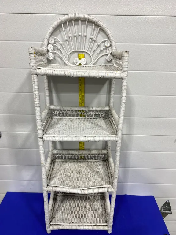 White Painted Wicker Four-Tier Shelf Unit with Decorative Scrolled Back