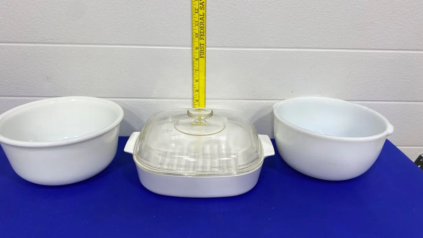 2 White Bowls and Clear-Lidded Ceramic Dish