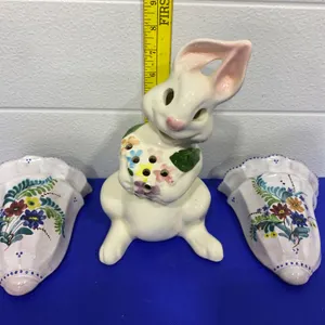 Ceramic Bunny Figurine with Floral Wall Pocket Vases