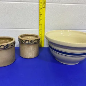Churn Dash Stoneware Set: Faith and Hope Pottery and Striped Mixing Bowl