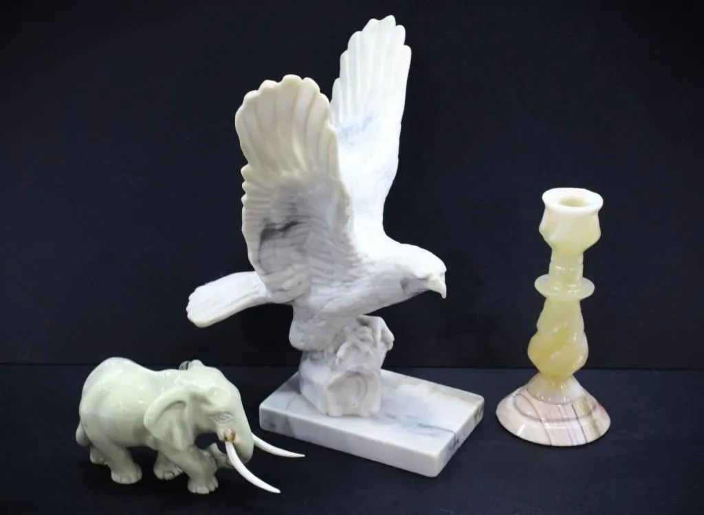 STONE ELEPHANT & CANDLE HOLDER W/ EAGLE FIGURES
