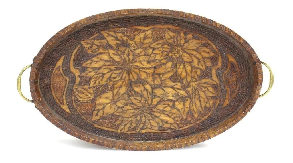 HANDCARVED PYROGRAPHY FLORAL TRAY W/ BRASS HANDLES