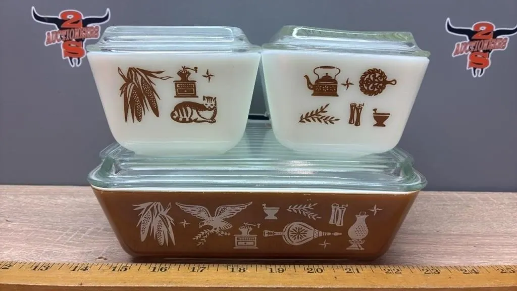 2 Pyrex Early American Refrigerator Dish Set.