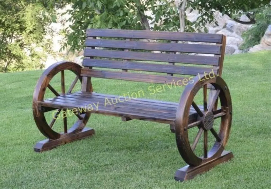 Rustic Wooden Wagon Wheel Garden Bench