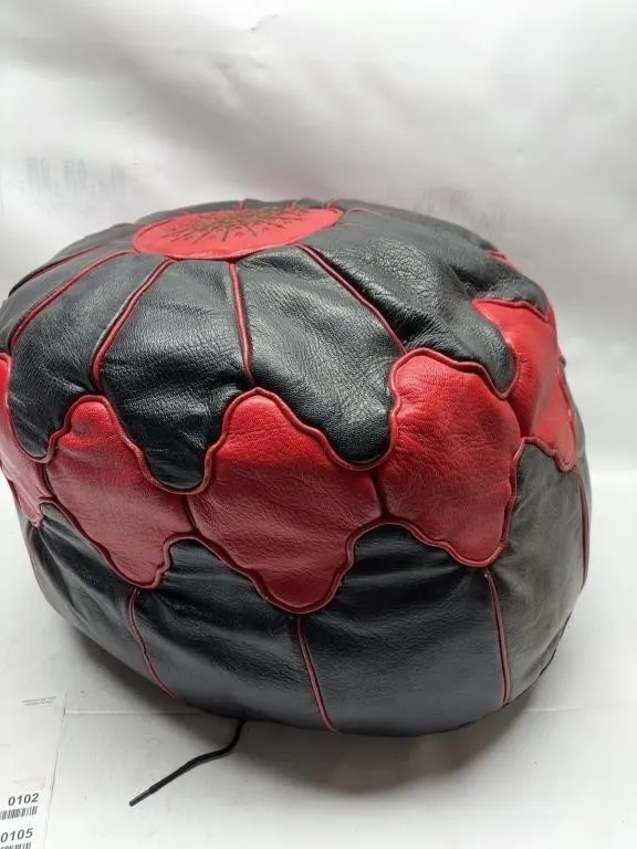 Black & Red Leather Moroccan Pouf Ottoman