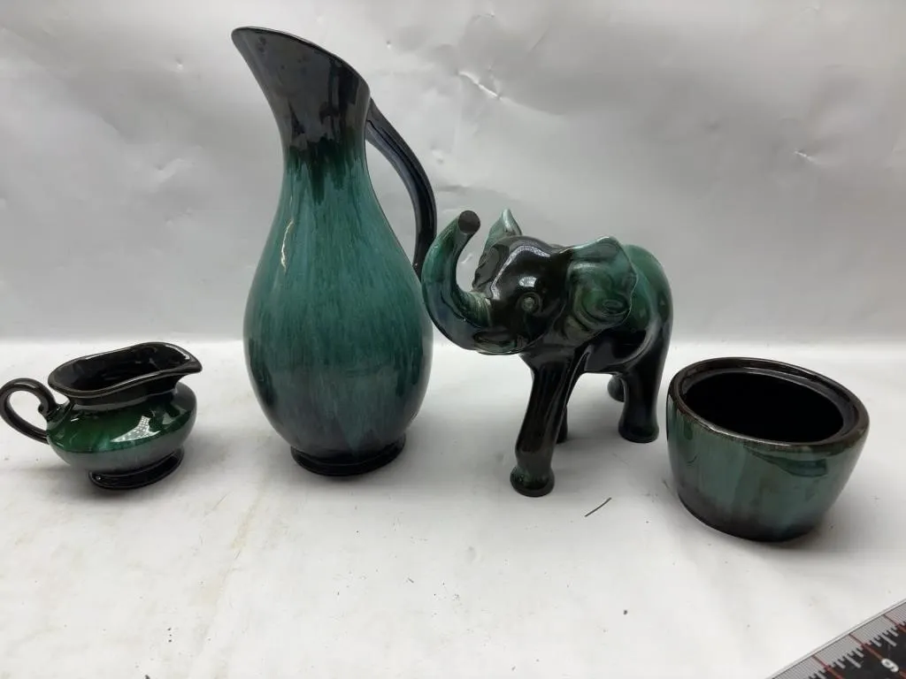 Drip Glaze Pottery Set - Pitcher, Elephant, Bowls