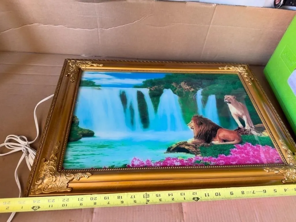 Lighted Lion Waterfall Wall Art in Gold Frame