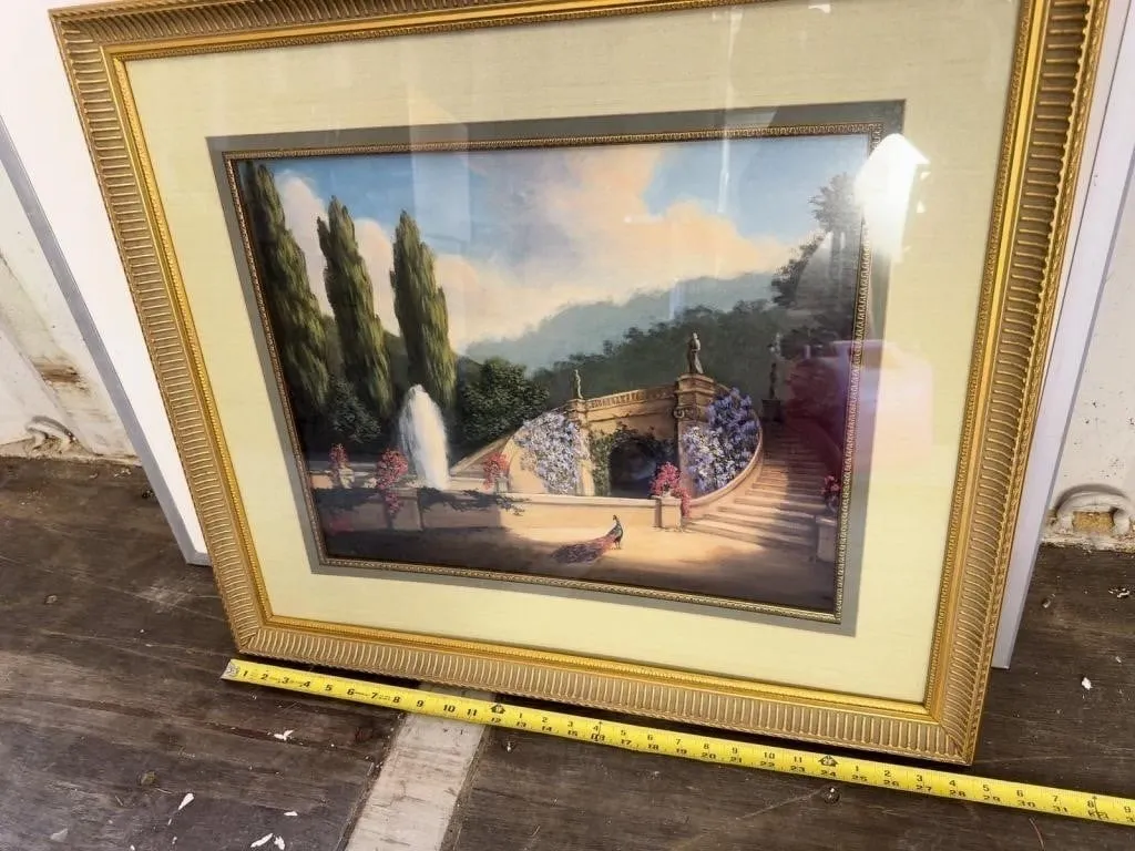 Framed Garden Fountain Peacock Print