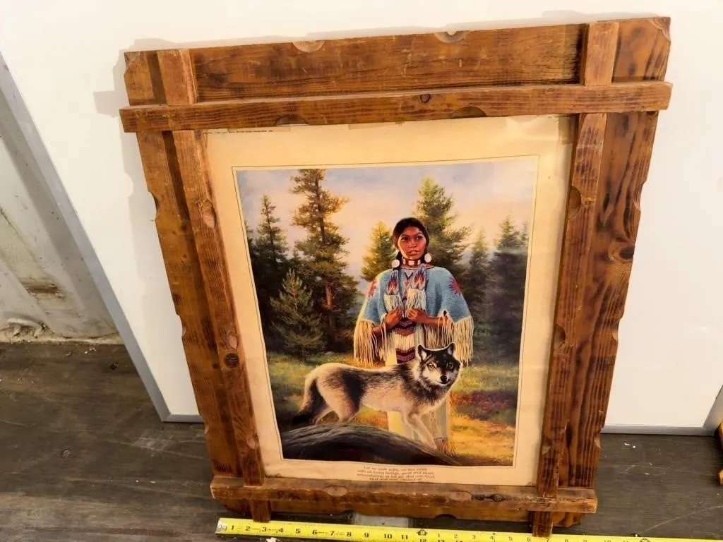 Native American Girl & Wolf Print, Rustic Wood
