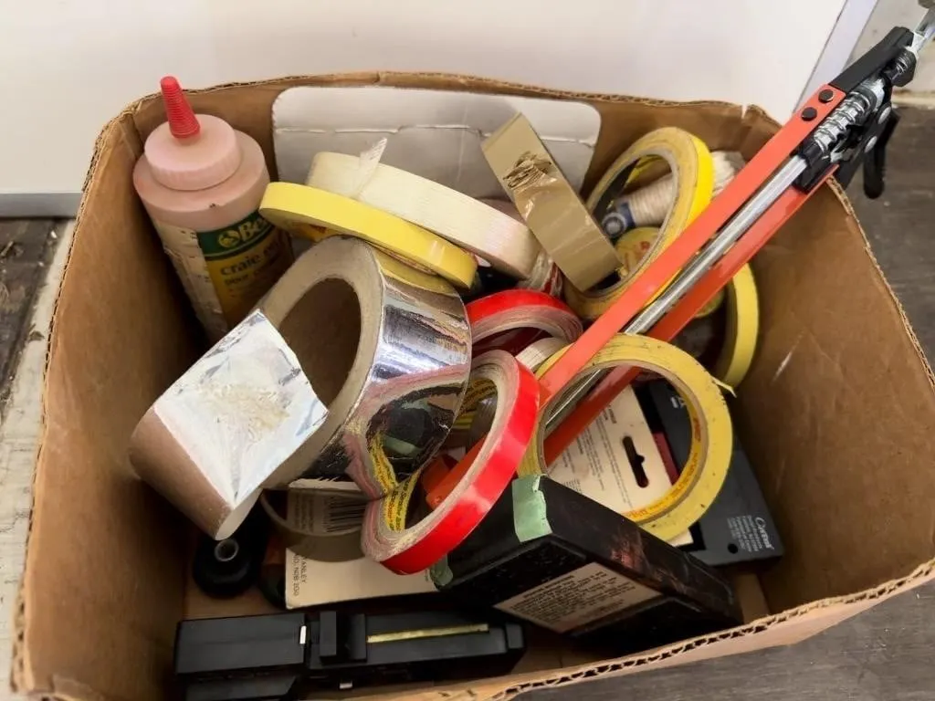 Box of Assorted Tape Rolls and Tools