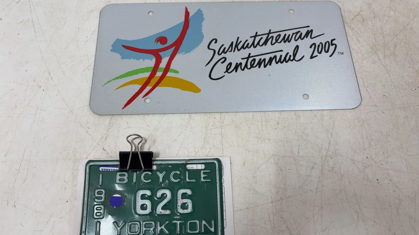 2005 Saskatchewan Centennial License Plate & Metal Bicycle License