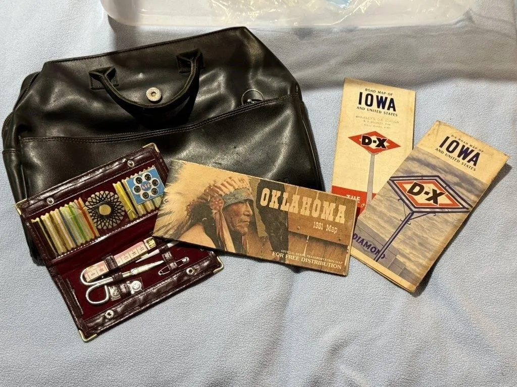 Service station maps, sewing kit, satchel