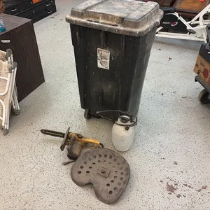 Garbage Can w/ Electric Chainsaw, Tractor Seat & Sprayer