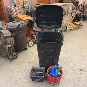 Garbage Can w/ Feed Pails, Scoops & Misc Horse Equipment