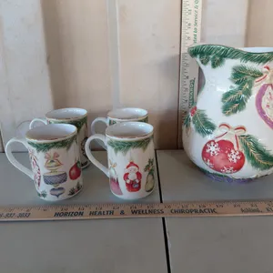 Vintage Ceramic American Atelier Ornament Pitcher 9" Tall & 4 Matching Cups