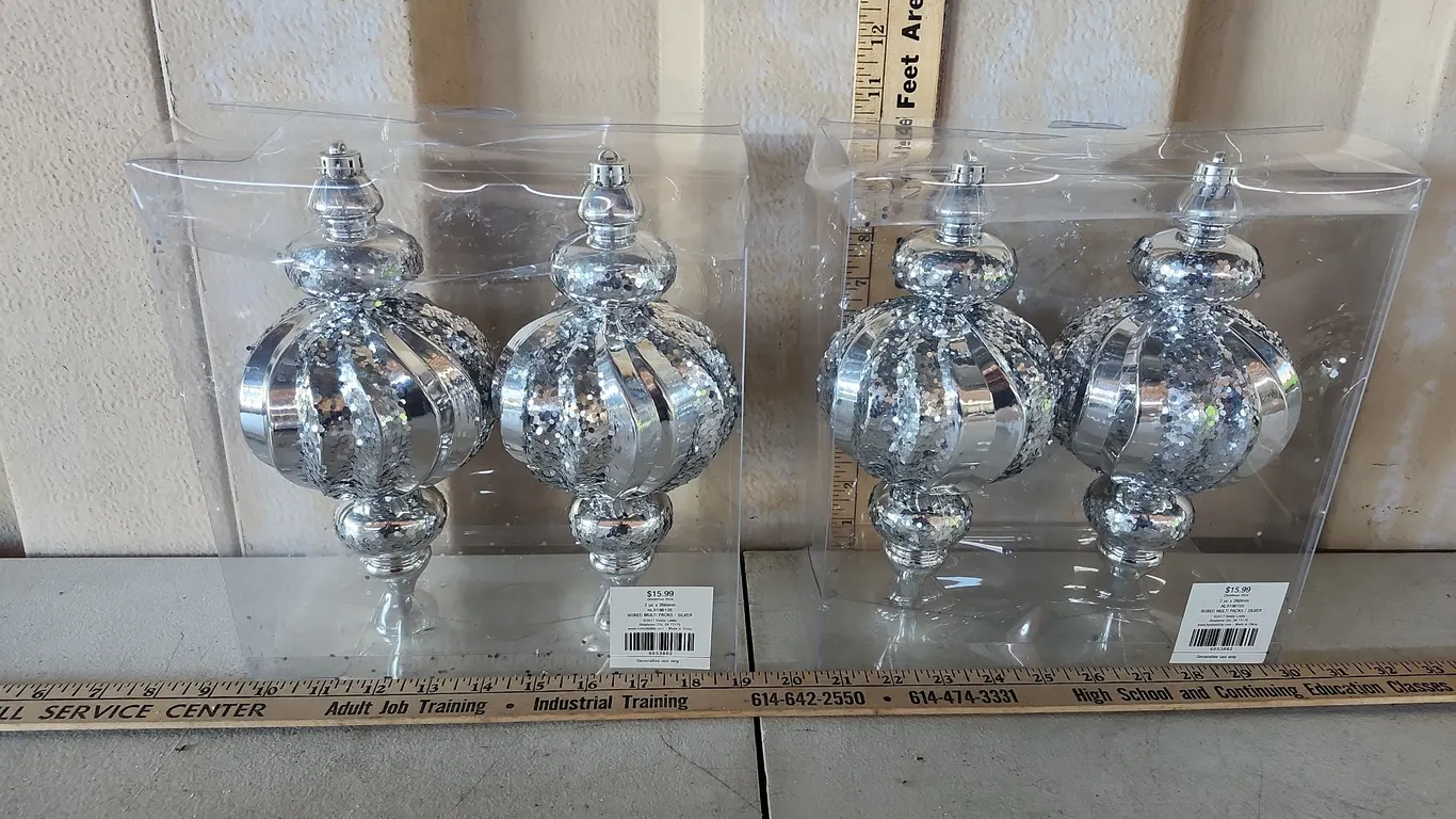 New 4 Pc Large Silver Ornaments 10" Tall