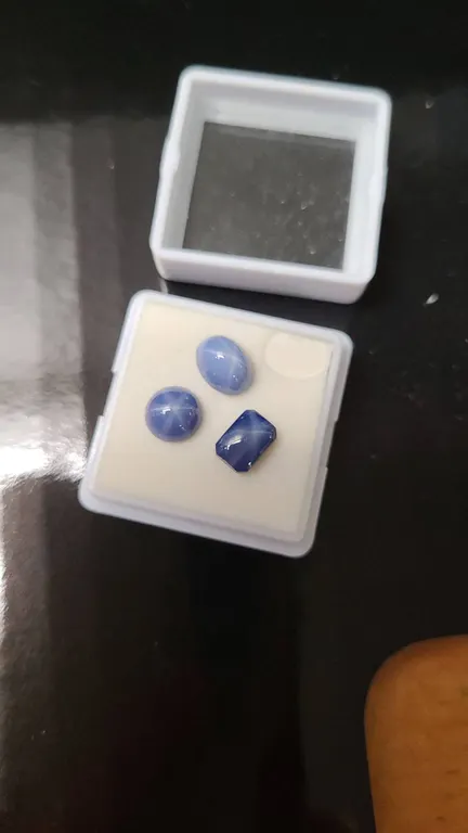 Three Blue Star Sapphire Cabochons in Display Box