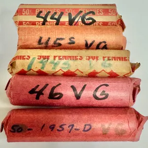 5 Rolls Wheat Pennies 1944-1957-D VG Circulated