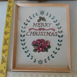 Vintage Framed Hand Embroidered Merry Christmas 10"X12"