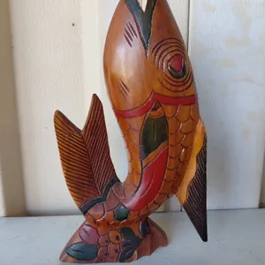 Vintage Hand Carved Wood Fish Sculpture W/Multi Tone Stains, Damage On Base 12.25" Tall