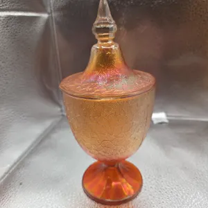 vintage marigold iridescent carnival glass covered candy dish