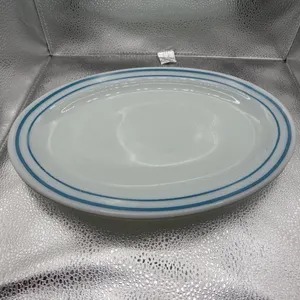 Vintage fire King 350 series oval turquoise stripe plates