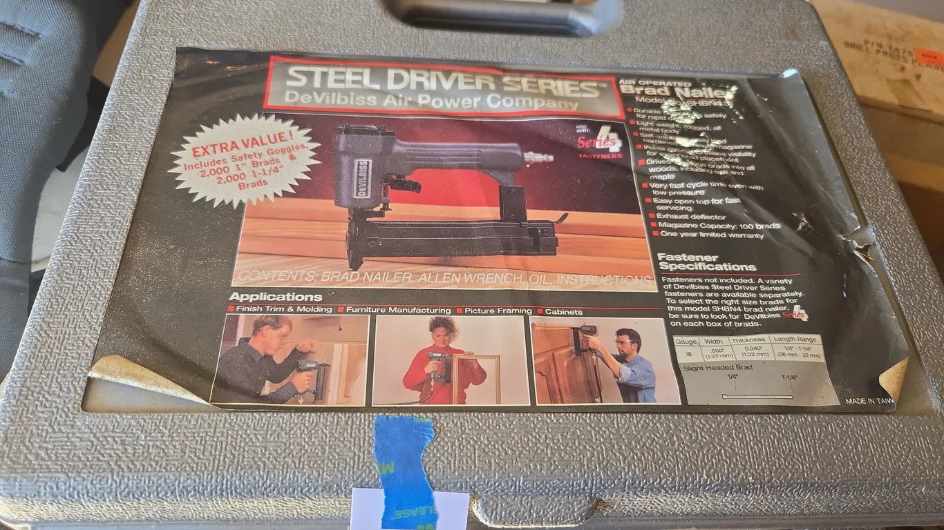 Pneumatic powered brad nailer in original package