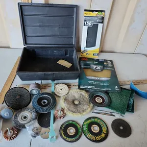 Plastic Toolbox, Sand Paper, Assorted Abrasive Discs, Etc.
