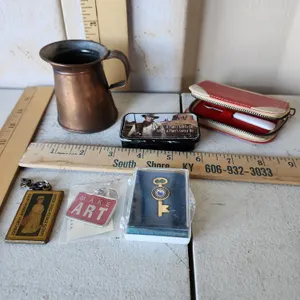Vintage Brass Cup, Volunteer Pin, John Wayne Tin, Etc.