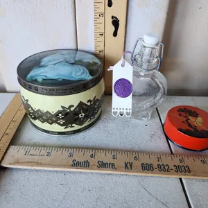 Vintage Thornes The World's Premier Toffee Can, Pure Silk Tin, & Heart Glass Bottle