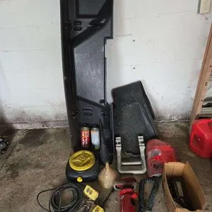 Misc vehicle related items- includes hydraulic pump, underseat storage box, oil drain pan & more