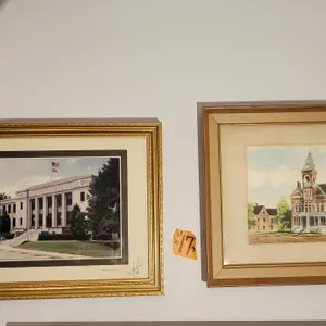 FRAMED ARTWORK- ASHLAND, OHIO (2) COURT HOUSE (C. FINLAY) & ASHLAND COUNTY JAIL (GRAY?)- signed