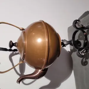 VINTAGE COPPER & BRASS TEA KETTLE with TWISTED IRON WARMING STAND