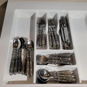 RIVETED STAINLESS STEEL FLATWARE with FAUX  WOODEN HANDLES & tray