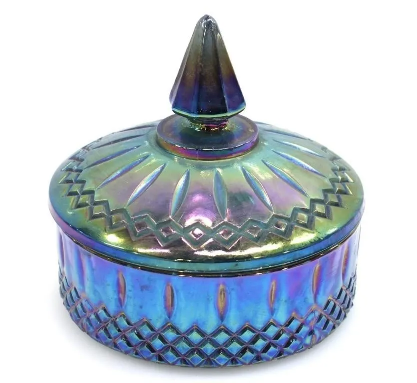INDIANA GLASS IRIDESCENT PEACOCK BLUE LIDDED DISH