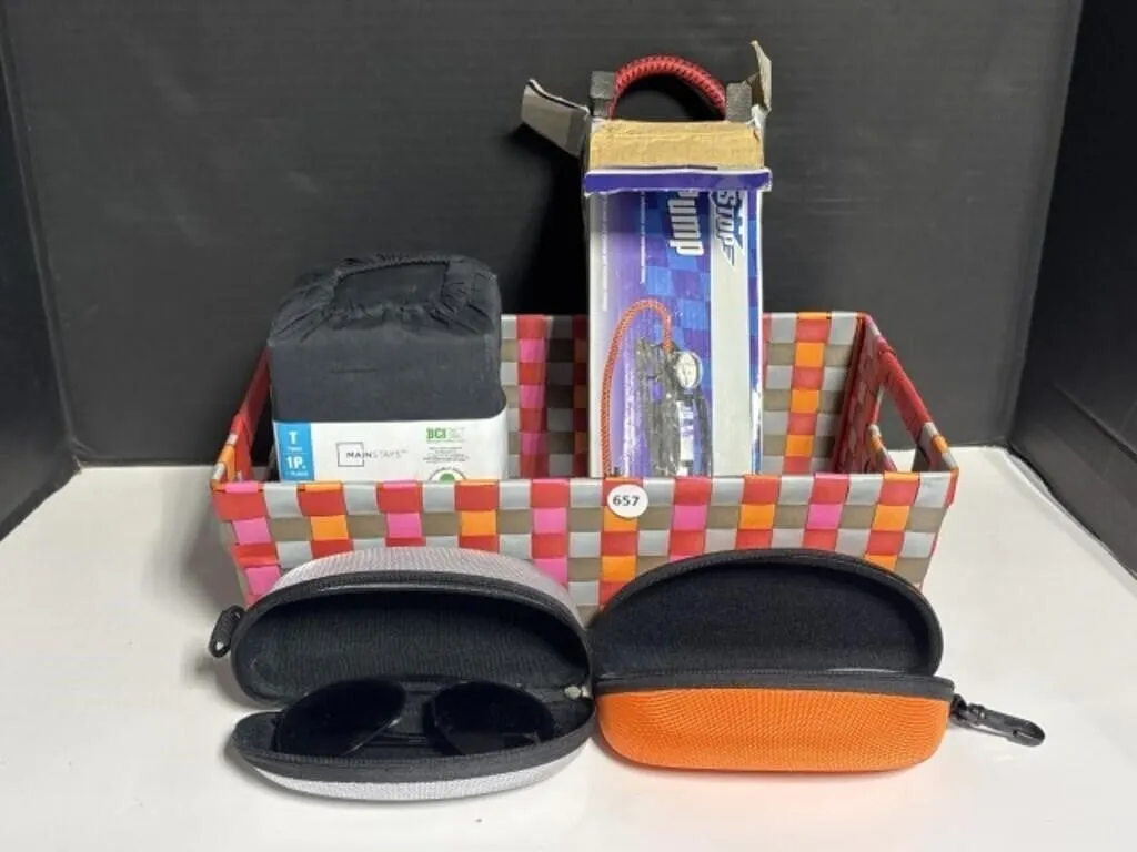 Sunglasses, 2 Cases, Fitted Sheet, Bicycle Pump